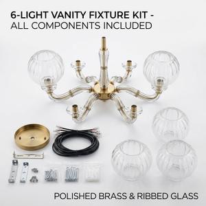 6-Light Modern Brass Chandelier Light Fixture – Vintage Ribbed Glass Globe Shade Ceiling Light with Brushed Brass Finish for Dining Room, Kitchen Island, Living Room & Vanity