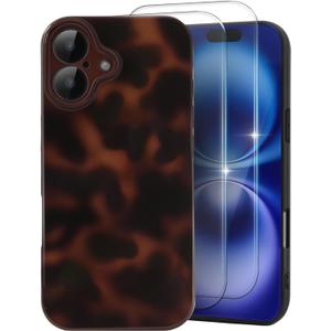 MYY Cute Phone Case for iPhone iPhone 16 Plus, [with 2X Screen Protector] Tortoise Shell Pattern Leopard Full Camera Protective Slim Shockproof Cool Trendy Aesthetic - Brown Amber