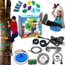 Zip Line Kit for Kids and Adults, 100/120/150/200 ft, Up to 350 Lbs, Removable Trolley, Rustproof Stainless Steel, Quick Setup with Ratchet, Safety Harness, Backyard Adventure Fun W/Climbing Holds