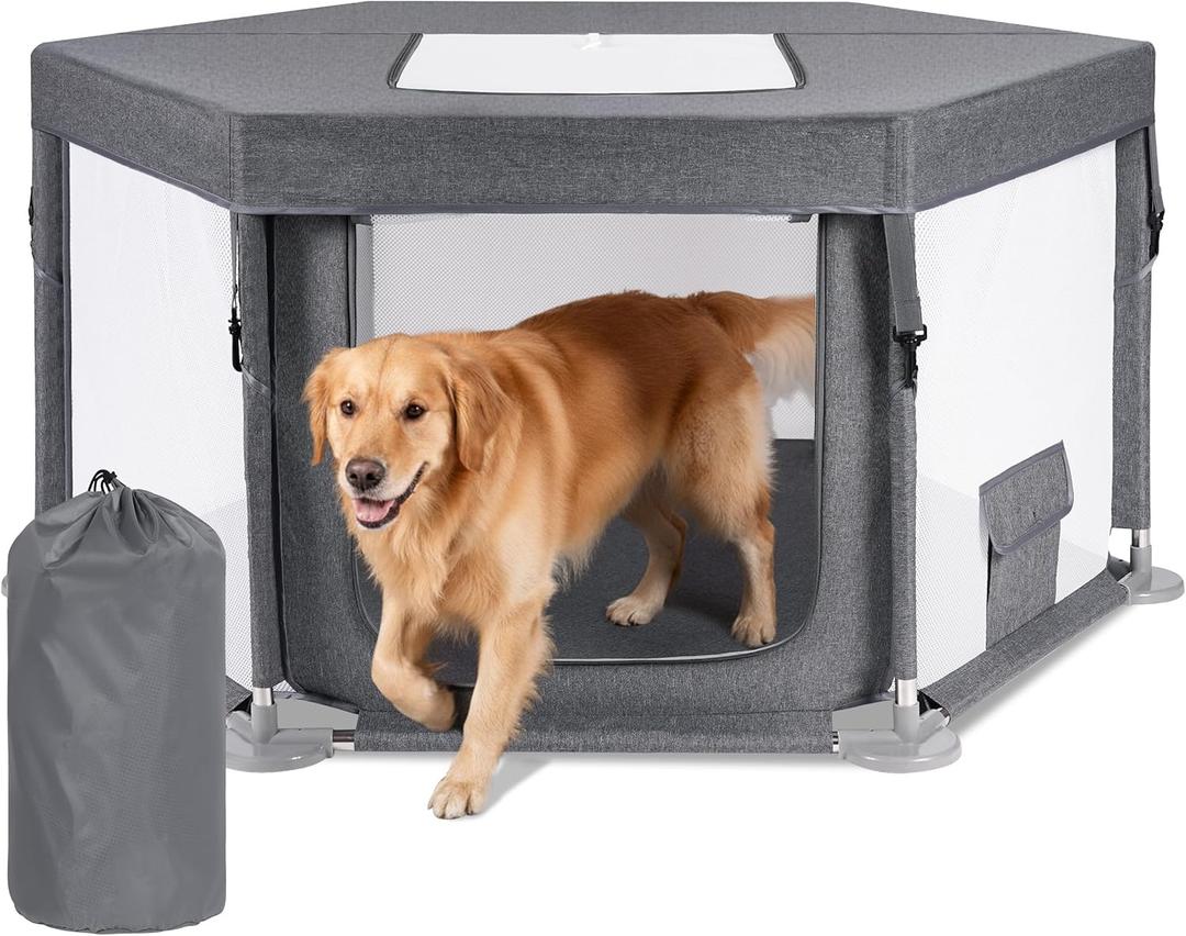 43"x43"x25" Dog Play Pen Indoor or Outdoor, Sturdy Fabric Dog Playpen for Small Dog & Cat, Puppy Playpen with Removable Cover, Heavy-Duty Dog Pen with Stainless Steel Pipe (Gray-1)