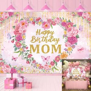 Happy Birthday Mom Backdrop Pink Flower Heart Glitter Mother's Day Decor Photography Background Mom's Birthday Backdrop for Women Party Decorations Banner Photo Props (7x5FT)