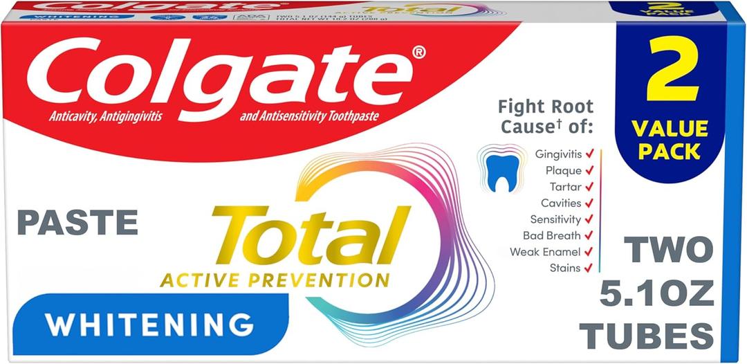 Colgate Total Whitening Toothpaste Paste, 5.1 oz, 2 Pack, Fluoride Antibacterial for Plaque, Gingivitis, Sensitivity, Stain Removal, Clinically Proven, Mint, Exp 2027