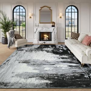 Gray Area Rugs 8x10 Machine Washable Large Non-Slip Low Pile Print Pattern Carpets, Modern Abstract Living Room Rug Indoor Foldable Retro Faux Wool Mats for Dining Room, Bedroom, Home Office