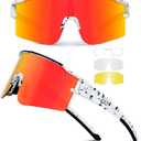 SPOSUNE Polarized Cycling Glasses with 3 Interchangeable Lenses for Women Men, TR90 Sports Sunglasses Running Baseball (3 Lenses-black White/Orange Red)