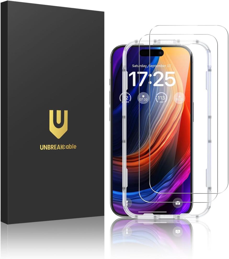 UNBREAKcable 2-Pack Screen Protector for iPhone 15 Pro, Double Shatterproof Tempered Glass [Easy Installation Frame] [9H Hardness] [99.99% HD Clear] [Case Friendly] for Apple iPhone 15 Pro 6.1 inch