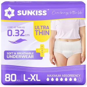 SUNKISS Ultra Thin Incontinence Underwear for Women, High Absorbency & Super Soft Postpartum Diapers, Disposable Adult Pull Ups, Large/XLarge, 80 Count