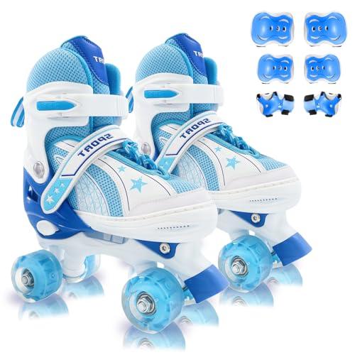 Adjustable Kids Roller Skates for Girls and Boys Ages 8-12, All 8 Wheels of Girl's Skates Shine, Safe and Fun Illuminating for Outdoor Indoor Sports with Protective Gear Set