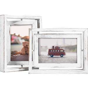 Egofine 2 Pack 4x6 Rotating Floating Picture Frames,Double-Sided Display with HD Glass Front Wooden Distressed Frame for Vertical or Horizontal Tabletop Display, White