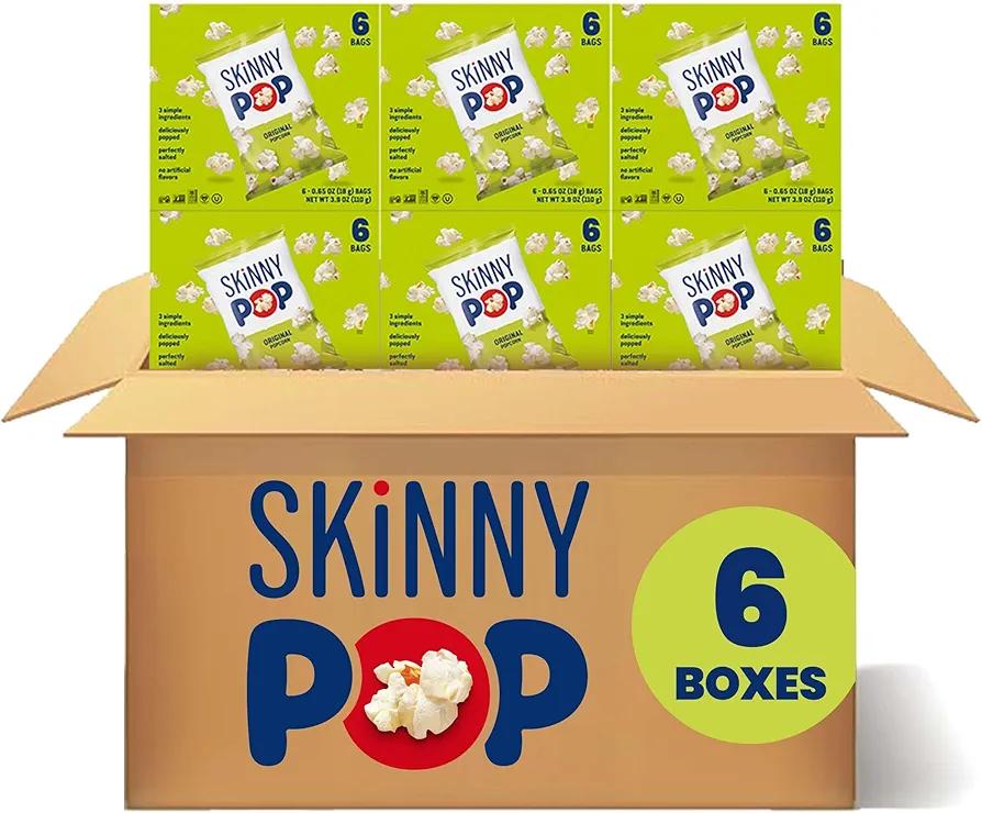 SkinnyPop Popcorn, Original, Gluten Free, Non-GMO, 0.65oz Individual Size Snack Bags, 6 Boxes (6 Bags per Pack)