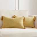 Meekio Set of 2 Mustard Yellow Pillow Covers 12 x 20 inches Neutral Pillow Covers Textured Throw Pillow Covers with Tassels for Neutral Home Decor