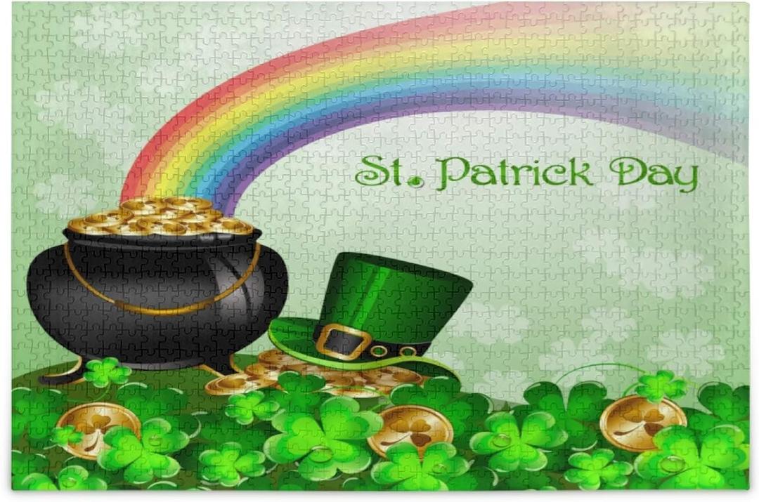 Clovers Gold Coin Jigsaw Puzzle 500 Pieces St Patrick's Day Rainbow DIY Wall Art Intellectual Decompressing Fun Game for Adults Teens