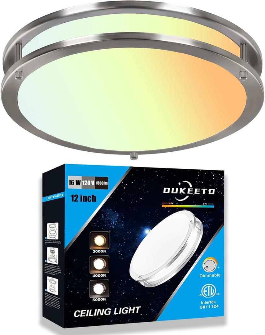 LED Flush Mount Ceiling Light - 12 Inch Ceiling Light Fixtures 3000/4000/5000K Adjustable, 16W (120W Equivalent), 1500LM, Dimmable Light Fixture for Bedroom, Kitchen, Bathroom, Energy Star, ETL