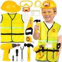 HUUIDY Construction Worker Costume for Kids, Toddler Dress Up Clothes with Kids Tool Set, Construction Vest & Hat, Helmet Light, Electric Drill, Toddler Costumes Pretend Play Toys for Boys Gift Age 4+