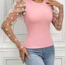 OYOANGLE Women's Floral Embroidery Mesh Puff Long Sleeve Tee Slim Fitted Knit Casual Blouses Tops (Pink, M)