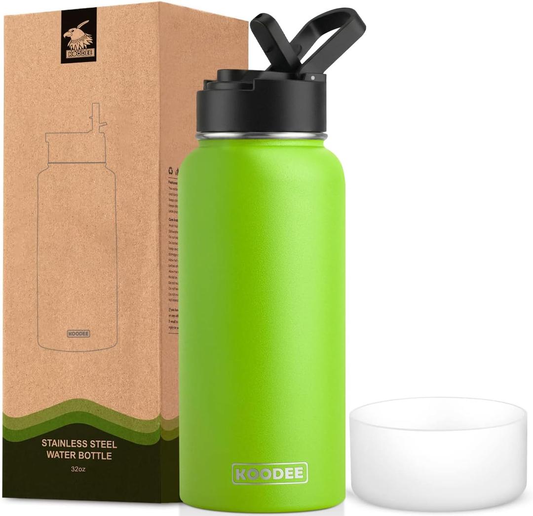 koodee Water Bottle-32 oz Stainless Steel Vacuum Insulated Water Bottle with Straw Metal Sports Flask for Adults (Apple Green)