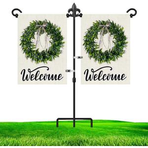 Garden Flag Stand Holder for Double Flags with Fleur De Lis Yard Flag Stopper and Anti-Wind Clip 37H x 30W Black Wrought Iron Yard Garden Season Flag Pole Outdoor