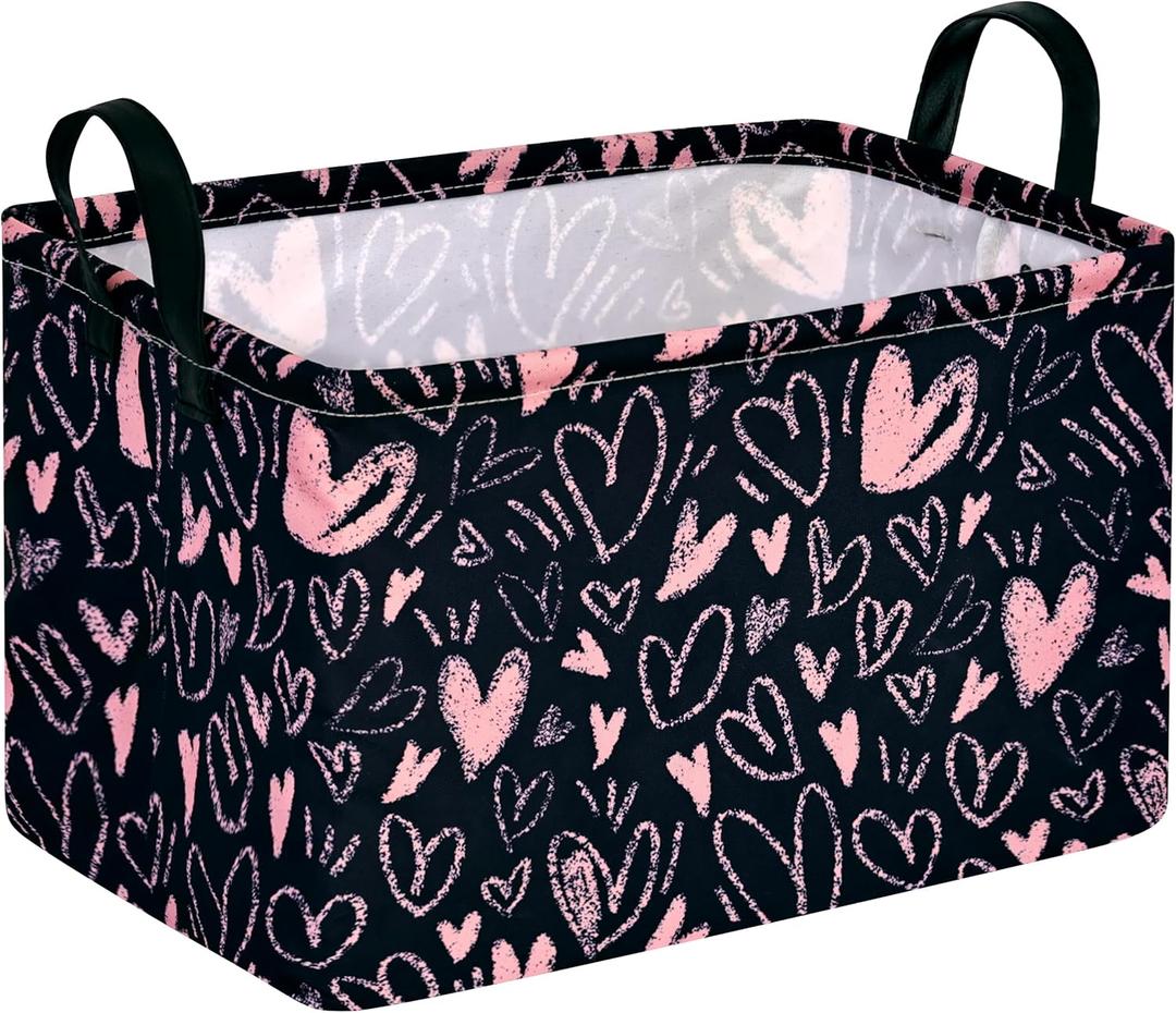 MAIZMZ Girls Basket Empty Gift Basket with Handles,Closet Shelf Storage Organizer Bins Heart Print Girls Nursery hamper Kids Toys Books Box Room Decor (Pink love)