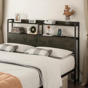 Headboard for Queen Size Bed Frame with Storage, Height Adjustable, Headboards with Outlets, USB Ports, Type-C, LED Light, Sturdy and Stable Headboard, Black Oak,Bed Frame NOT Included
