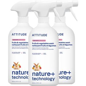 ATTITUDE Fruit & Vegetable Wash, Unscented Food-Safe Produce Wash to Remove Dirt, Wax & Residue, Vegan Plant-Based Produce Cleaner, 27.1 Fl Oz (Pack of 3)