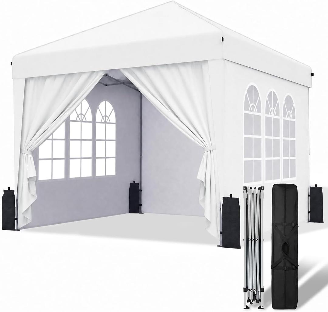 10x10 Pop Up Canopy with Sidewalls, One Push Setup, Portable Carry Bag-White