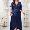 Women's Plus Size Formal Satin Dress V Neck Wrap Ruched Maxi Evening Gown Cocktail Party Wedding Guest Dresses (Blue, XL)