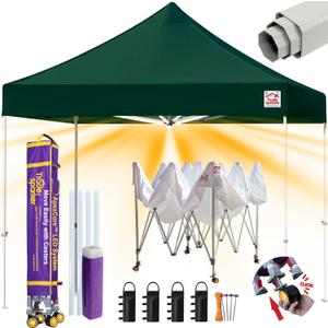 Tradesparker 10x10 Pop Up Canopy Tent,Commercial Movable Canopy with ApexCore LED&Rugged Casters-Instant Easy Setup Shelter Canopies with Weight Bags&Stakes for Outdoor Events Markets,Forest Green