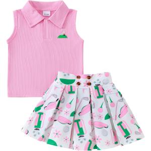Toddler Baby Girl Golf Outfit Golf Print Polo Shirt Sleeveless Tank Top Mini Skirt Set Cute Girls Summer Clothes (Pink)