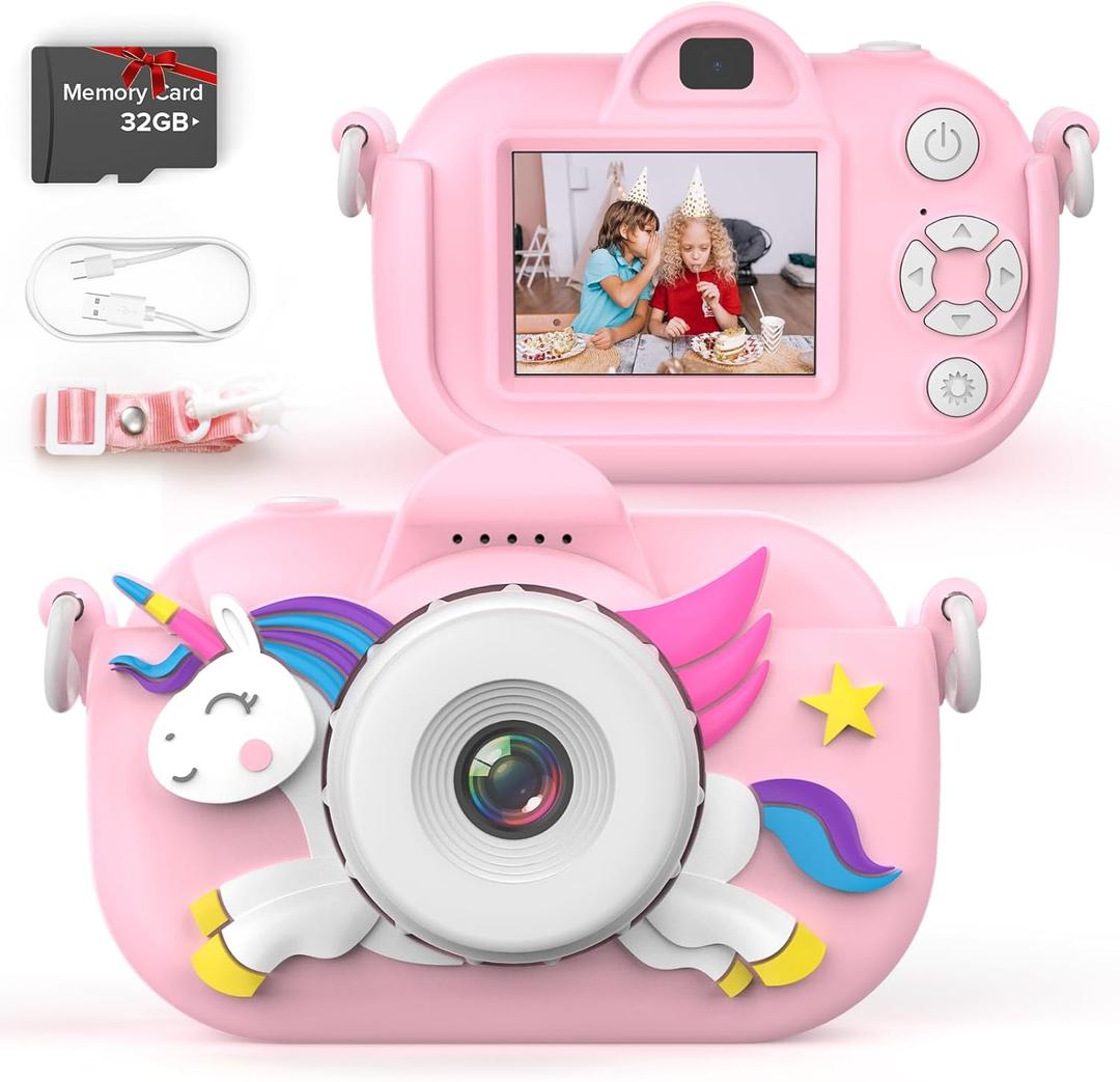 Kids Camera for Girls, 3-12 Year Old Girl Toys Christmas Birthday Gifts, 32MP HD Dual Lens Toddler Camera for Kids, 1080P Video Kids Digital Camera, Kid Camera Toys with 32GB TF Card (Pink)