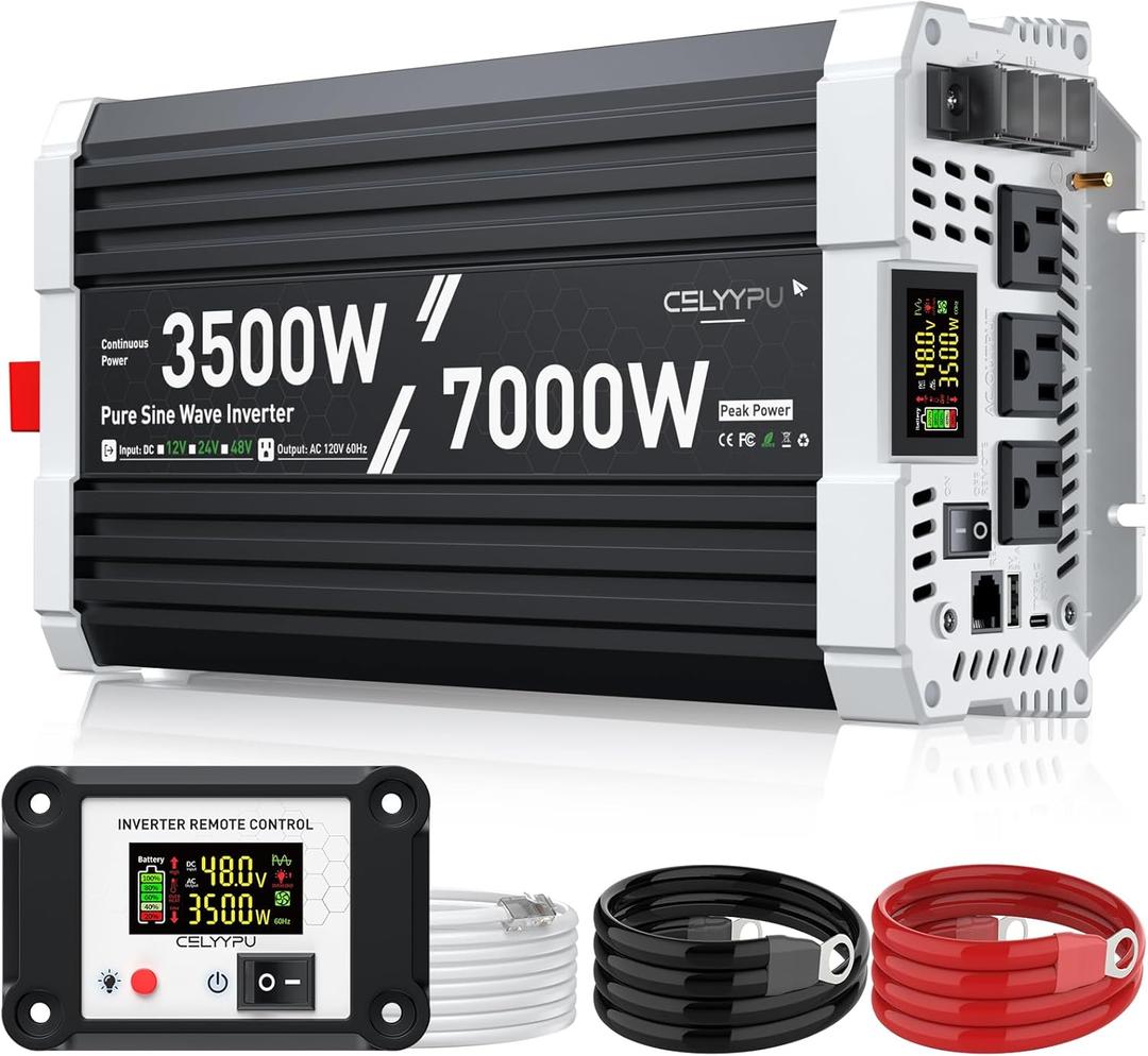 3500 watt Pure sine Wave Inverter, 48V DC to 110V AC Power Inverter, Used for Solar Emergency Power Supply in RV Homes, with 3 AC Output sockets, USB Port, Type-C Port, Remote Control with LCD Screen