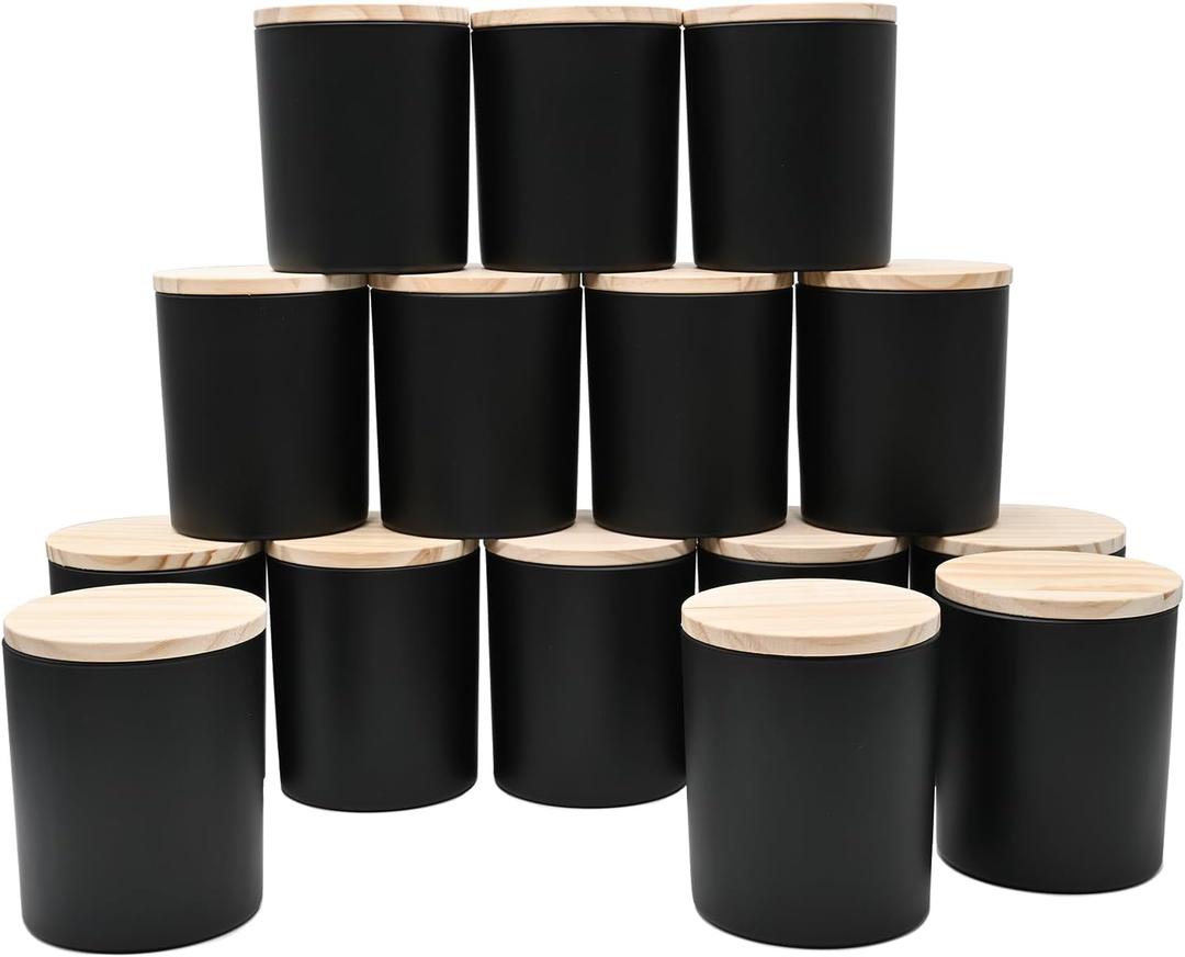 SHOWIN 10 OZ Thick Candle Jars for Making Candles 15 Pcs, Empty Jars with Wood Lids for Candle Making, Sample Container, Matte Black