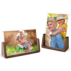Mixoo 5x7 Picture Frame 2 Pack - Double Rustic Vintage Wooden Picture Frames 5x7 inch with Walnut Wood Base and High Definition Break Free Acrylic Glass Covers for Tabletop Desktop Display ( 5x7" Horizontal + Vertical)