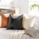 Boucle Decorative Throw Pillow Covers 18"x18" Set of 2  Modern Textured Pillowcases with Faux Leather Contrast Stripe, Neutral Accent for Couch, Bed, or Chair  Leather Brown