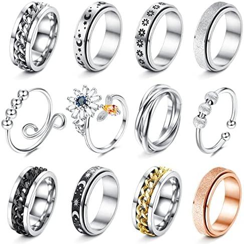 FASACCO 12Pcs Fidget Anxiety Rings for Women Men - Spinner Fidget Rings for Anxiety Relieving Stress Flower Moon Star Stainless Steel Rings Adjustable Size 13