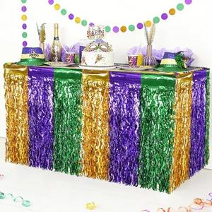 CCINEE 4 Packs Mardi Gras Fringe Table Skirt Party Decorations, 36ft Purple Green Gold Wavy Metallic Tinsel Foil Carnival Table Skirts For Mardi Gras Carnival Holiday Masquerade Party
