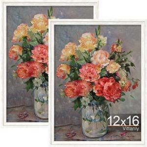 Vittanly 12x16 Picture Frames Set of 2, Ornate Vintage Photo Frame for Wall Mount, Display 8.5x11 Pictures with Mat or 12x16 without Mat, Rustic White