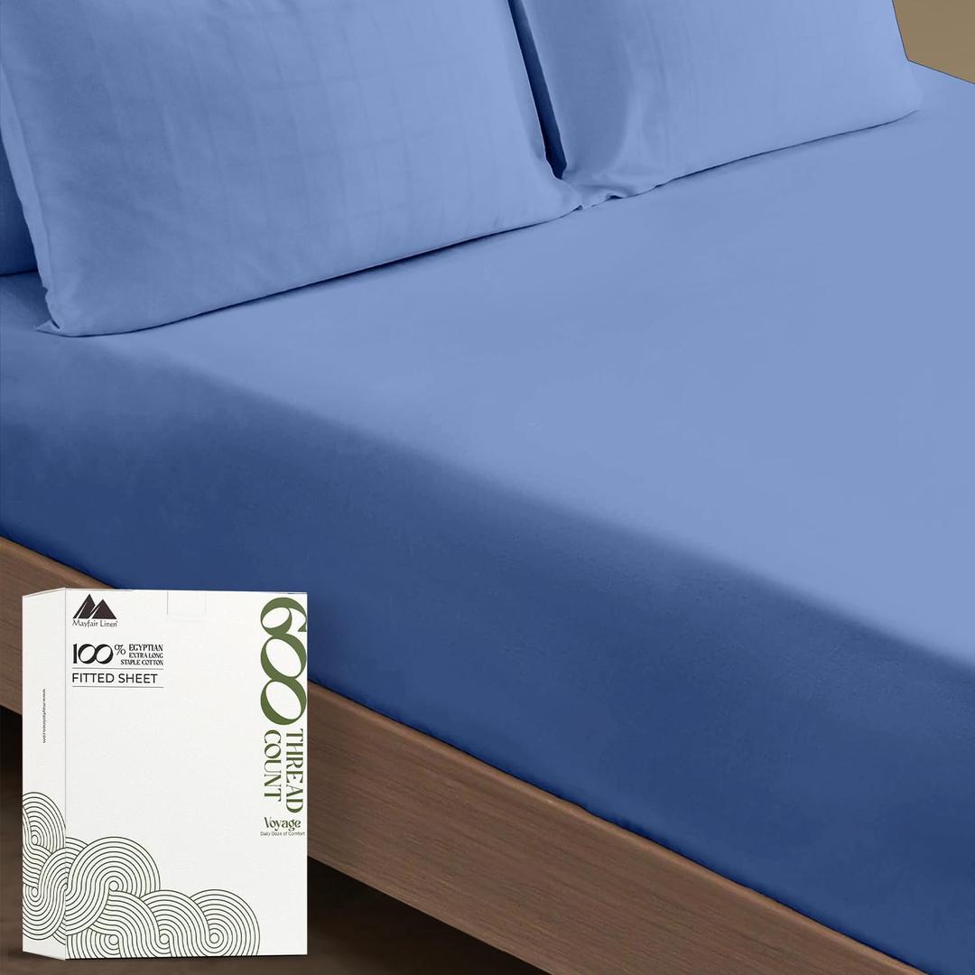 Mayfair Linen 100% Cotton Queen Fitted Sheet Only - 600 Thread Count Cotton Fitted Sheet Queen, Luxuriously Soft, Durable, Cooling 16" Deep Pocket Sateen Weave Bottom, Luxury Hotel Quality - Deep Blue