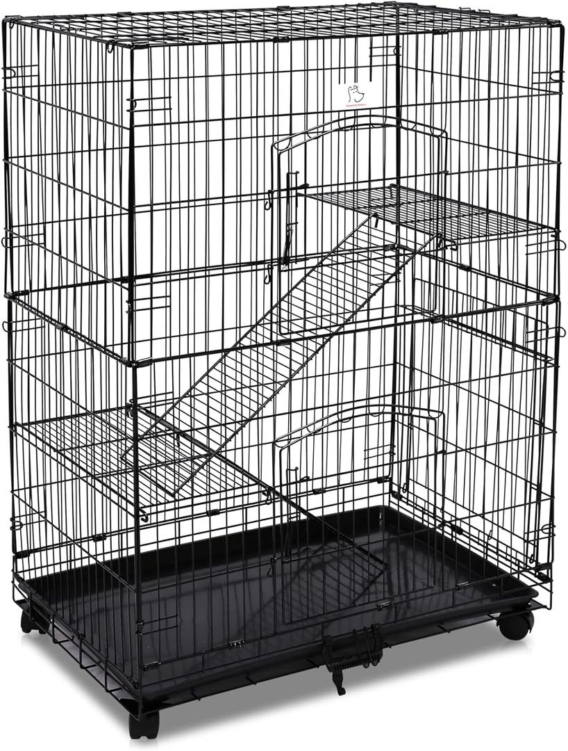 Homey Pet 3 Tier 40 Inch Cat Cage Indoor, Cat Crate Cat Enclosure Playpen, Metal Cat Kennels with 360 Lockable Casters, Removable Tray, Black
