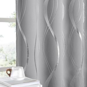 NICETOWN Blackout Curtains 63 inch Length 2 Panels, Silver Grey Window Treatment Thermal Insulated Soundproof Grommet Wave Line Foil Print Design Draperies for Living Room (52 inches Wide)