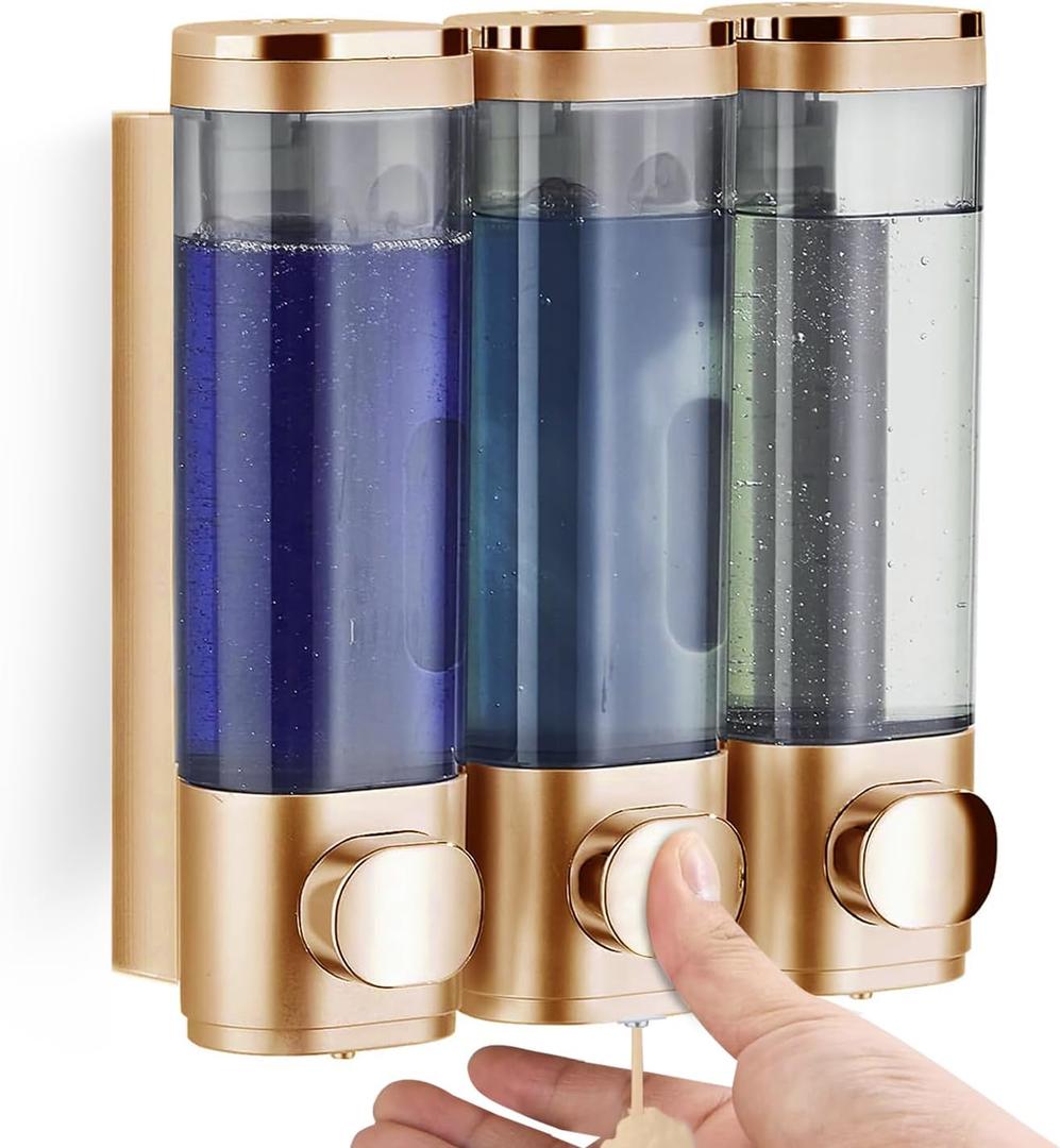 Shower Soap Dispenser Wall Mounted Shampoo and Conditioner Dispenser No Drill 3 Chamber Large Capacity for Bathroom Hotel, Gold
