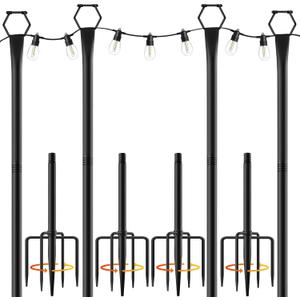 4 Pack String Light Poles for Outside, 10Ft Light Poles for Outdoor String Lights, Adjustable Outdoor String Light Poles with Fork,Metal Fence Post for Patio,Backyard,Deck