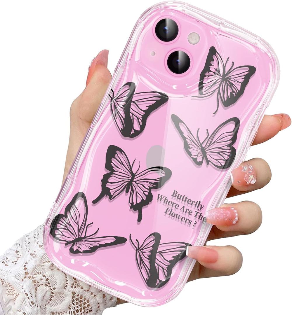2 x Compatible for iPhone 13 Case, Pretty Butterfly Print Three-Dimensional Wave Clear Case for Girls Women, Soft Full Package Anti-Fall Cover for iPhone 13, Black Butterfly