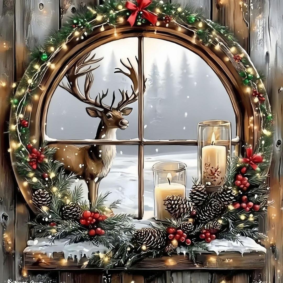 2 x Christmas Deer Diamond Paintings Kits for Adults, Christmas Scenery Diamond Art Kits Full Drill Diamond Dots Paint with Diamonds Candle Gem Arts and Crafts for Beginner Adults Home Wall Decor (ZL019)