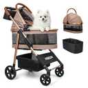 Pet Stroller for Small/Medium Dogs & Cats Up to 50 lbs, 3-in-1 Foldable Stroller w/Detachable Carrier & Car Seat, Removable All-Season Liner, Sunshade, Storage Basket & Cup Holder, All-Terrain, Khaki