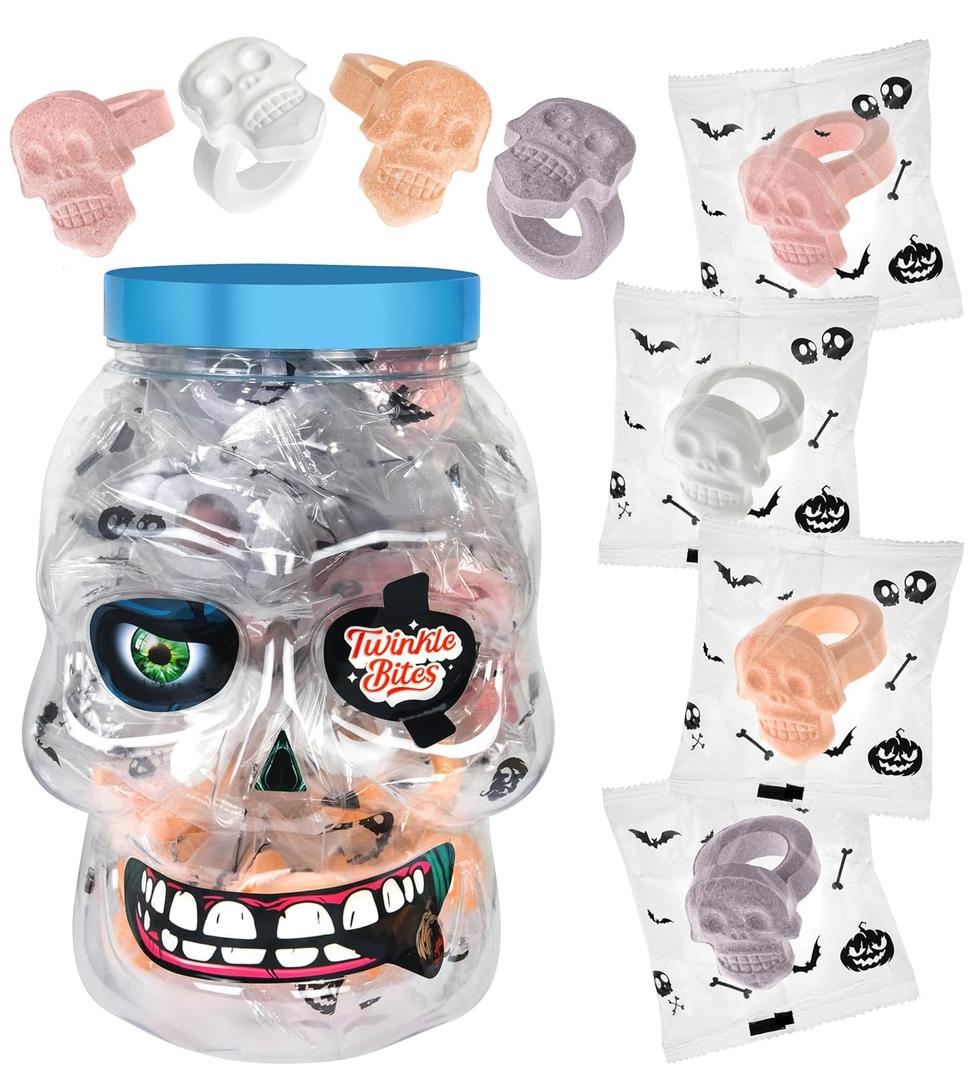 30 Pack Halloween Ring Candy - Individually Wrapped Holiday Themed Skull Candys Packed in a Skull Jar  Trick Or Treat Strawberry And Tutti Frutti Delicious Candys - Bulk Halloween Suckers Great Use, For Kids, Trick Or Treat, Party Favor, Classrooms, Goodie Bags