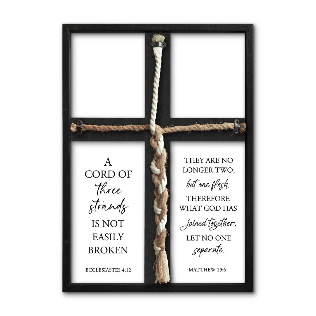 flowtorely A Cord of Three Strands Wedding Ceremony Unity Wall Decor 22"X16" Matthew 19 6 Christian Marriage Prayer Cross Sign Framed Wall Hanging Art (Black)