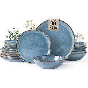 AmorArc Ceramic Dinnerware Sets for 6, 18Pcs Plates and Bowls Sets Dishes | Stoneware Handmade Reactive Glaze Dinner Set, Highly Scratch Resistant | Dishwasher & Microwave Safe Dishware