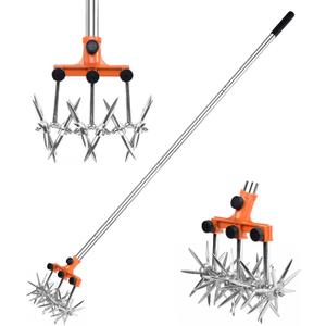 Rotary Cultivator Garden Rotary Tiller Adjustable Stainless Steel Poles Hand Tiller for Soil Mixing or Reseeding Grass Lawn Tiller Total Length 57 Inch (Orange)