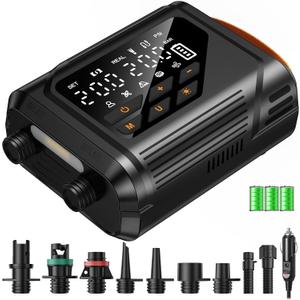 Electric Paddle Board Pump, Rechargeable SUP Pump with 12V Car Power, Auto-Off to 20 PSI, Dual-Stage Portable Air Pump with Deflate, 7 Nozzles for Paddle Boards, Kayaks & Inflatables