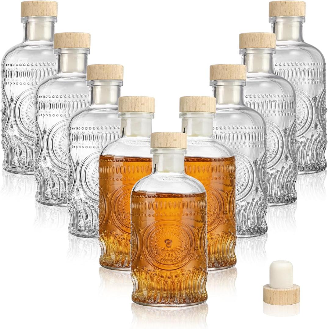 Kingrol 9 Pack 7 oz Glass Liquor Bottles with T-Top Stoppers, Vintage Sunflower Embossed Bottles, Small Glass Bottles for Whiskey, Wine, Syrups, Vanilla Extract