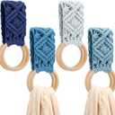 Tioncy 4 Pcs Kitchen Dish Towel Holder Gifts for Mother Boho Handmade Crochet Hanging Towels Loop Ring Knit Towel Hanger for Cabinet House Oven Stove Door, 4 Colors(Blue)